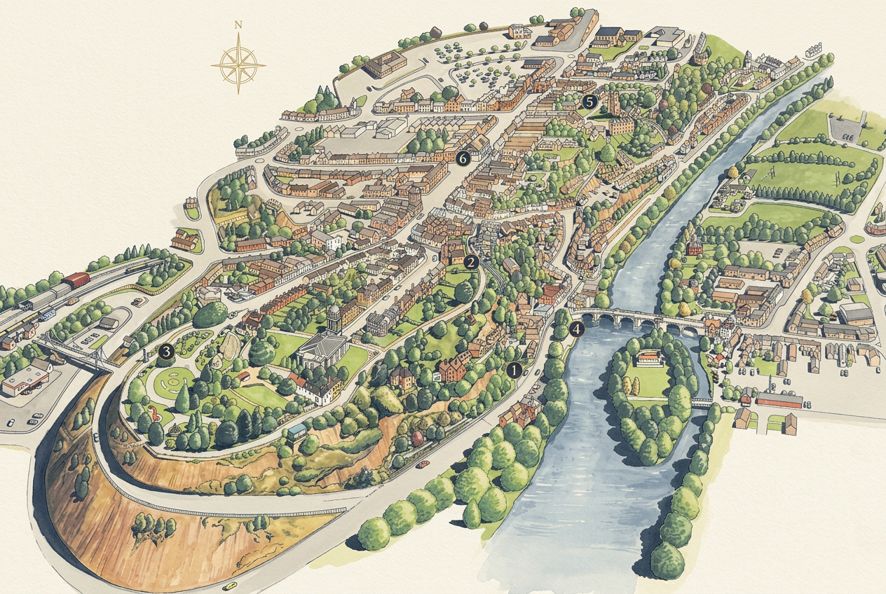 Hand-painted bird's-eye map of Bridgnorth showing High Town on the sandstone cliff, Low Town beside the River Severn, the Cliff Railway, castle grounds, High Street and the river bridge.