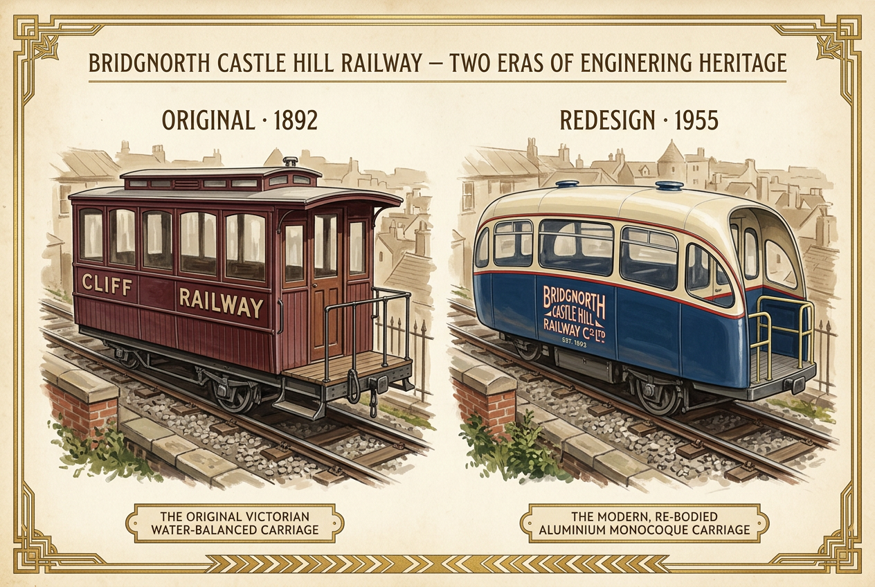 Hand-painted heritage plate showing the original 1892 wooden Cliff Railway carriage in dark red livery alongside the streamlined 1955 aluminium monocoque carriage in navy and cream.
